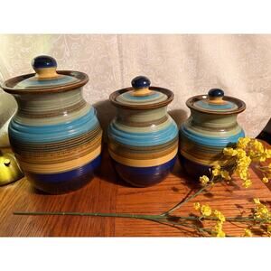 Vintage Blue Banded Stoneware Cannister Set of 3